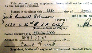 A copy of Jackie Robinson's signature on the contract to play for the Brooklyn Dodgers.  (Photo: Chris Murray)