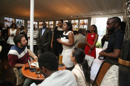 New Phila. Black PR Society President Monica Peters address supporters at pre-DNC mixer. Nearly 100 persons attended. Photo credit: Merdith Edlow