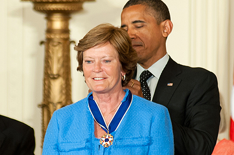 Univ. of Tennessee Lady Vols coach Pat Summitt receives the Presidential Medal of Freedom from President Barack Obama at a ceremony at the White House in 2012 in Washington, D.C. Summitt lost her battle with Alzheimers Disease last week. She was 64.  (Rena Schild / Shutterstock.com)