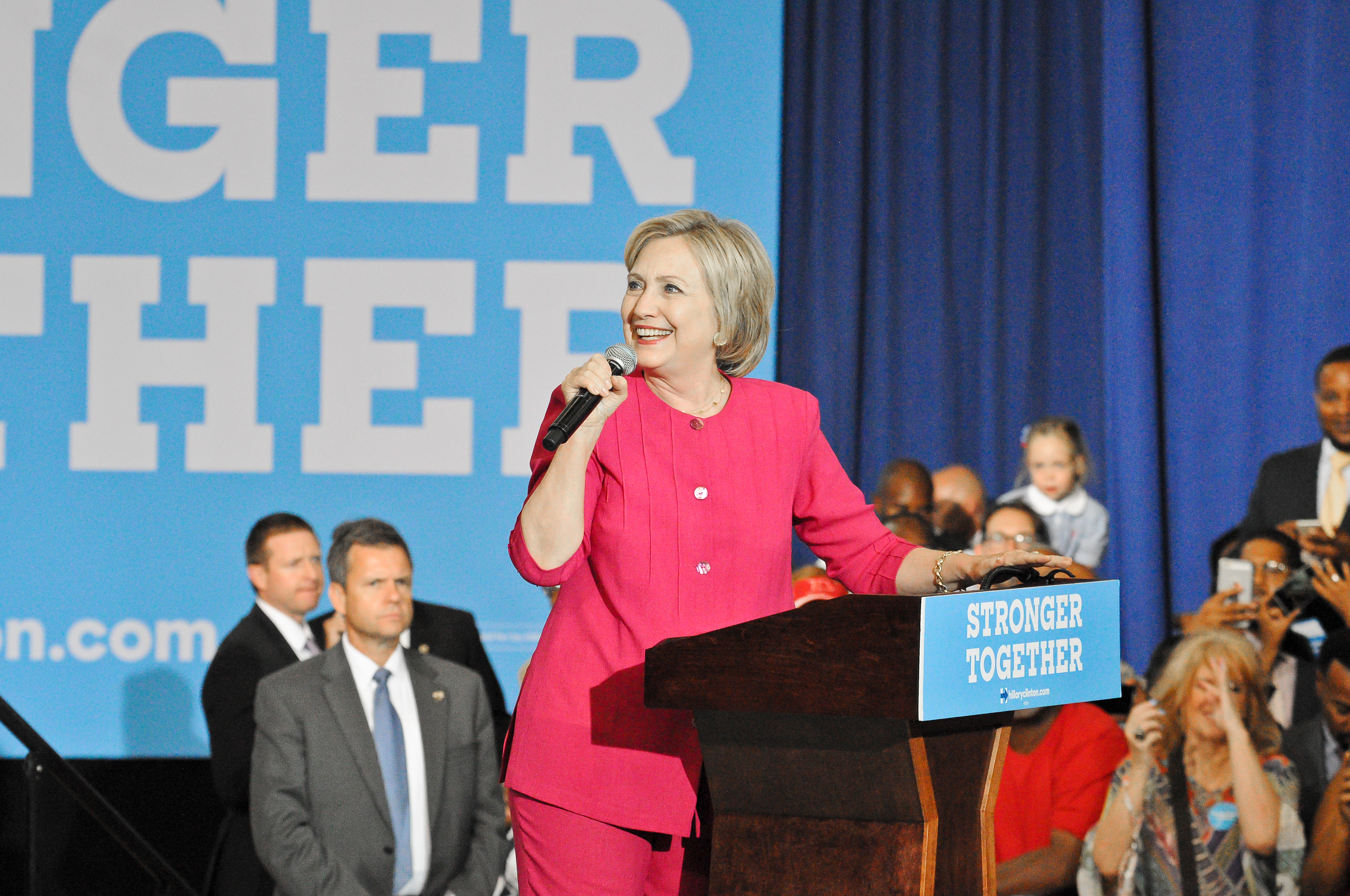 Democratic presidential candidate Hillary Clinton speaking to crowds at last week's rally at West Phila. H.S.