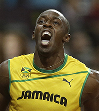 Jamaica's Usain Bolt celebrates after winning the men's 100-meter final race during the athletics competition in the Olympic Stadium at the 2012 Summer Olympics, London, Sunday, Aug. 5, 2012. (AP Photo/Marcio Jose Sanchez)