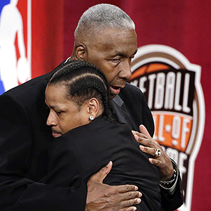 Basketball Hall of Fame inductee Allen Iverson, left, hugs presenter and former coach John Thompson during induction ceremonies at Symphony Hall, Friday, Sept. 9, 2016, in Springfield, Mass. (AP Photo/Elise Amendola)
