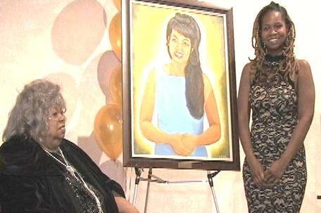 Queen Mother Falaka Fattah and artist Brittney Knox with portrait of Fattah as a young woman in her 30s, presented at the Philadelphia Legacies Awards Dinner. (Paul Gibson Photo)