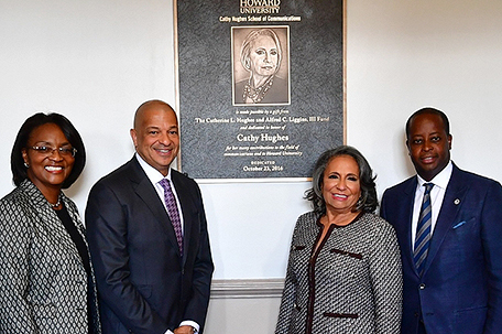Dean of Cathy Hughes School of Communications Gracie Lawson-Borders, Ph. D, Radio One, Inc. CEO and President Alfred C. Liggins, III, Radio One, Inc. Founder and Chairperson Cathy Hughes and Howard University President Dr. Wayne A.I. Frederick at the Cathy Hughes School of Communications unveiling ceremony at Howard University on Sunday, October 23, 2016 in Washington.
