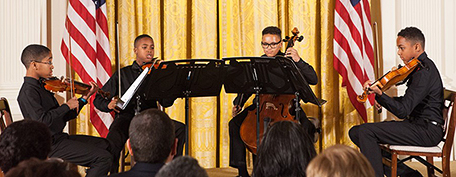 Youth from the Sphinx Organization in Flint, Mich., perform for awards ceremony in the East Room of the White House. PHOTO: Cheriss May/Howard University News Service