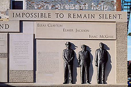 Memorial to Elias Clayton, Elmer Jackson and Isaac McGhee, three Black men who were lynched in Duluth, Minn.