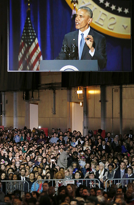 PHOTO:  Supporters listen as President Barack Obama speaks at McCormick Place in Chicago, Tuesday, Jan. 10, 2017, giving his presidential farewell address. (AP Photo/Nam Y. Huh)
