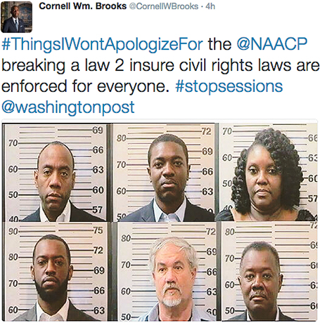 Twitter Photo capture of NAACP President Cornell William Brooks and five others’ mugshots, who staged a sit-in on Tuesday at the Alabama office of Sen. Jeff Sessions, protesting his nomination by President-elect Donald Trump. (Photo capture: Twitter/NAACP)
